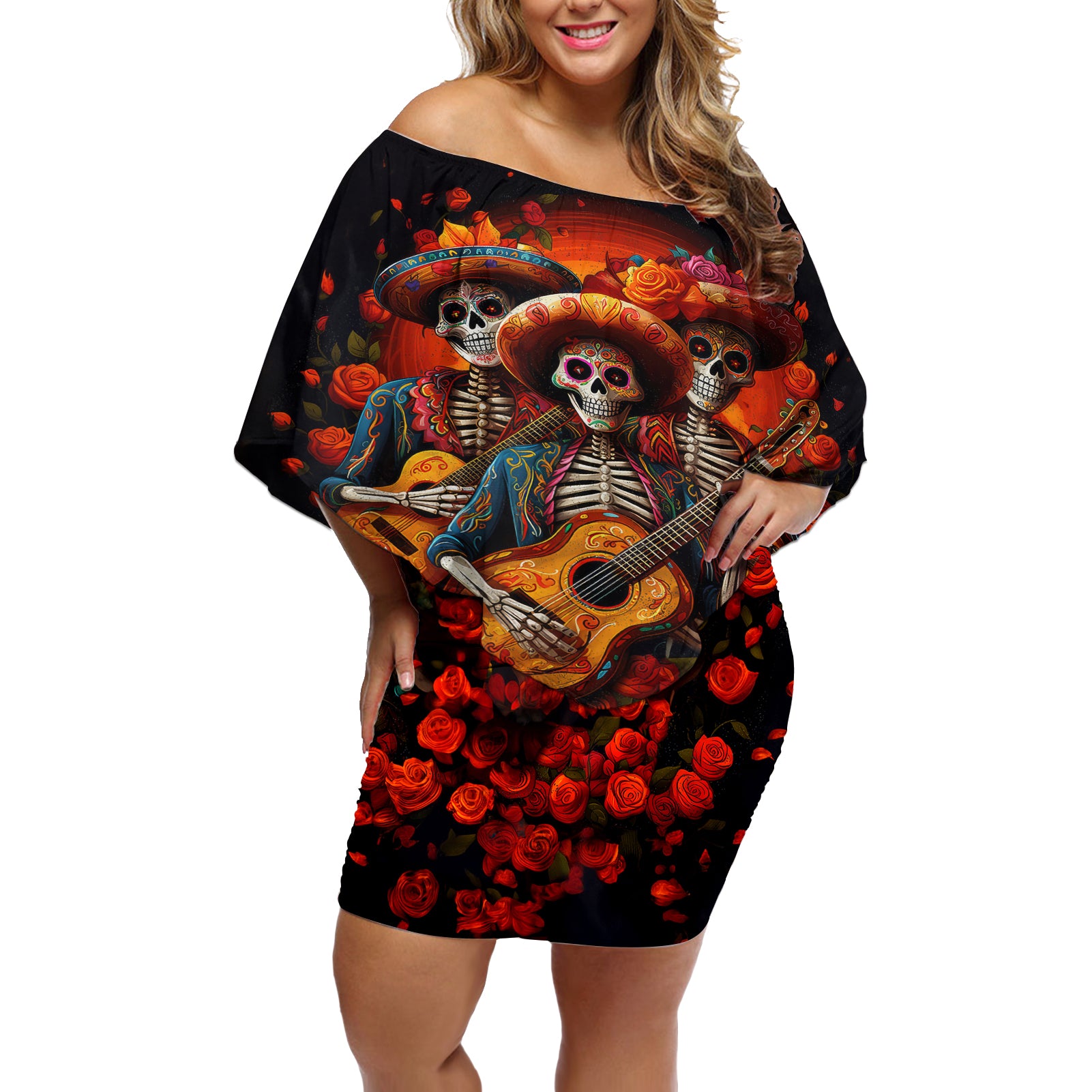 Day of Dead Skull Off Shoulder Short Dress Sugar Skull Band Skeleton - Wonder Print Shop