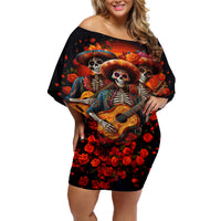 Day of Dead Skull Off Shoulder Short Dress Sugar Skull Band Skeleton - Wonder Print Shop