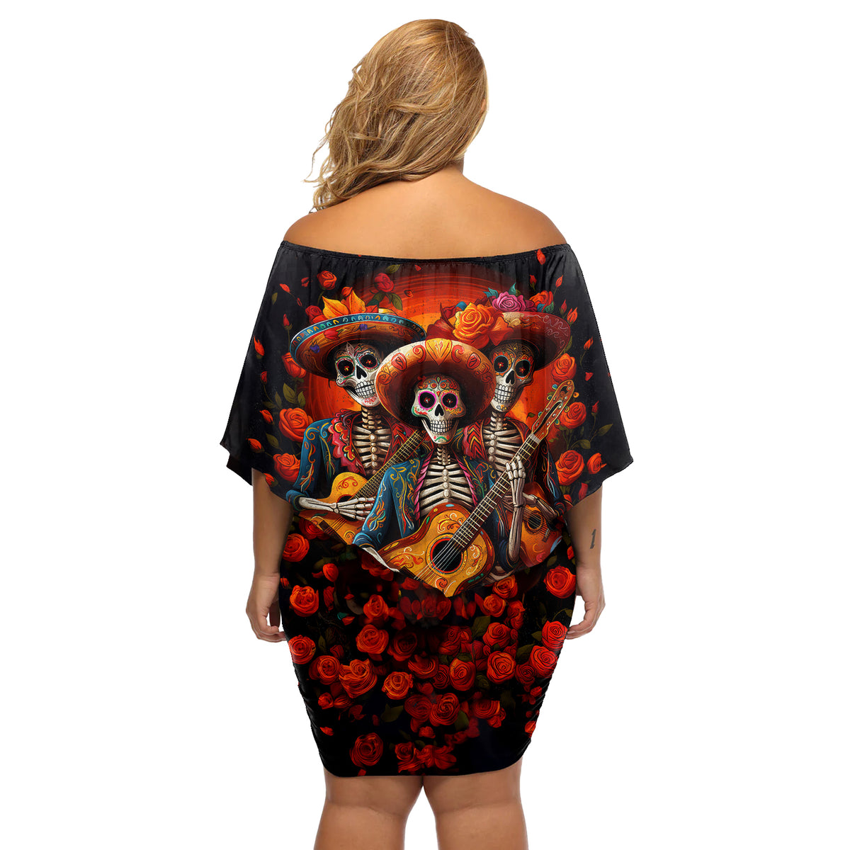 Day of Dead Skull Off Shoulder Short Dress Sugar Skull Band Skeleton - Wonder Print Shop
