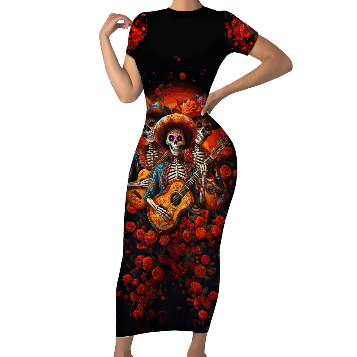 Day of Dead Skull Short Sleeve Bodycon Dress Sugar Skull Band Skeleton - Wonder Print Shop