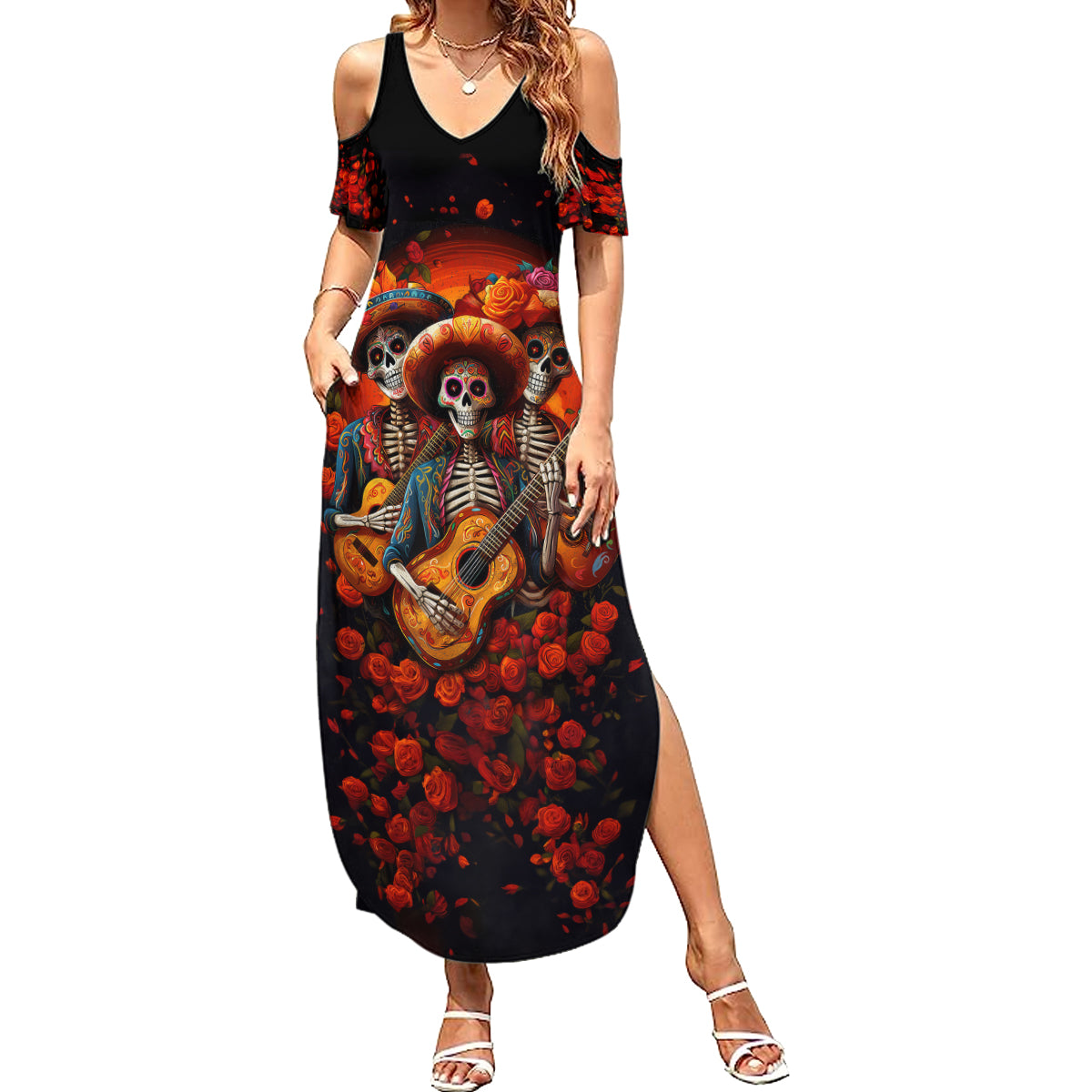Day of Dead Skull Summer Maxi Dress Sugar Skull Band Skeleton - Wonder Print Shop
