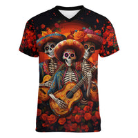 Day of Dead Skull Women V Neck T Shirt Sugar Skull Band Skeleton - Wonder Print Shop
