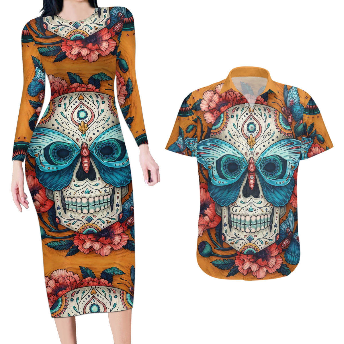 Day of Dead Skull Couples Matching Long Sleeve Bodycon Dress and Hawaiian Shirt Sugar Skull Butterfly - Wonder Print Shop