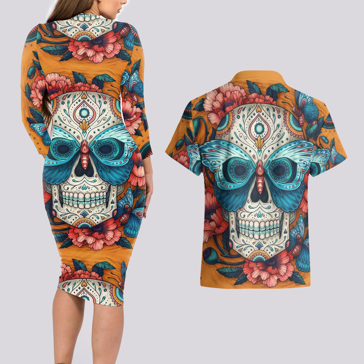 Day of Dead Skull Couples Matching Long Sleeve Bodycon Dress and Hawaiian Shirt Sugar Skull Butterfly - Wonder Print Shop