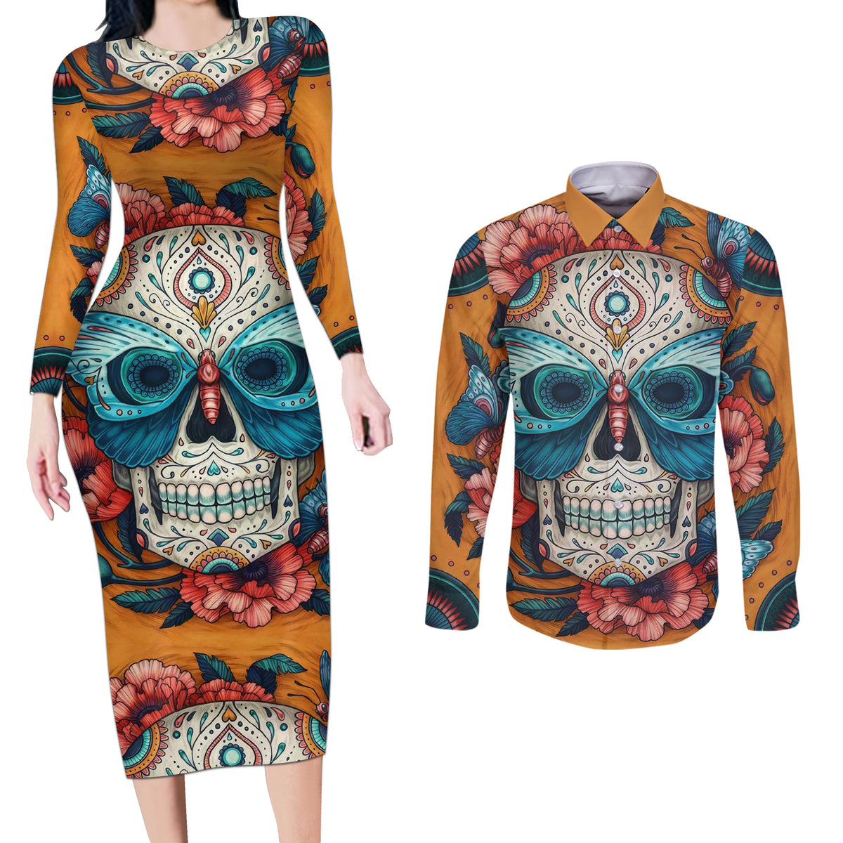 Day of Dead Skull Couples Matching Long Sleeve Bodycon Dress and Long Sleeve Button Shirt Sugar Skull Butterfly - Wonder Print Shop