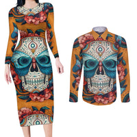 Day of Dead Skull Couples Matching Long Sleeve Bodycon Dress and Long Sleeve Button Shirt Sugar Skull Butterfly - Wonder Print Shop
