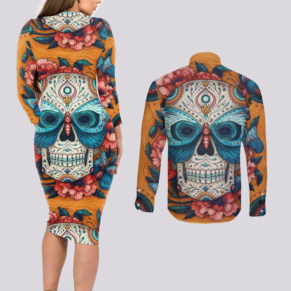 Day of Dead Skull Couples Matching Long Sleeve Bodycon Dress and Long Sleeve Button Shirt Sugar Skull Butterfly - Wonder Print Shop