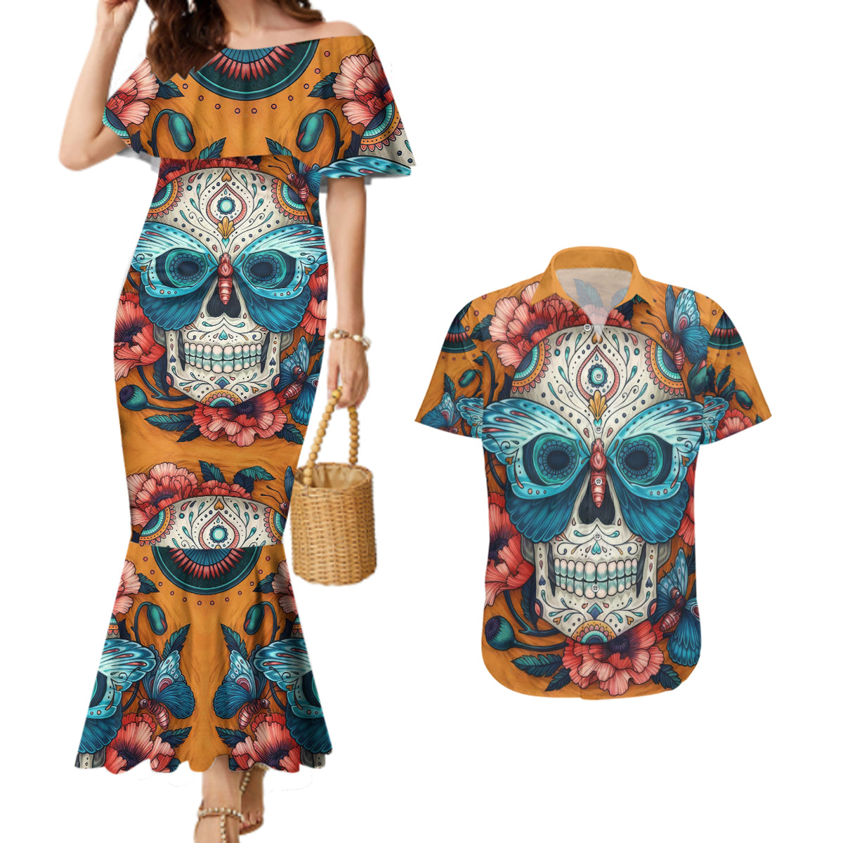 Day of Dead Skull Couples Matching Mermaid Dress and Hawaiian Shirt Sugar Skull Butterfly - Wonder Print Shop