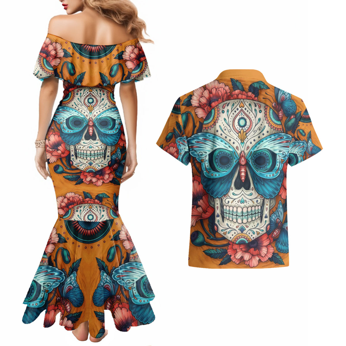 Day of Dead Skull Couples Matching Mermaid Dress and Hawaiian Shirt Sugar Skull Butterfly - Wonder Print Shop