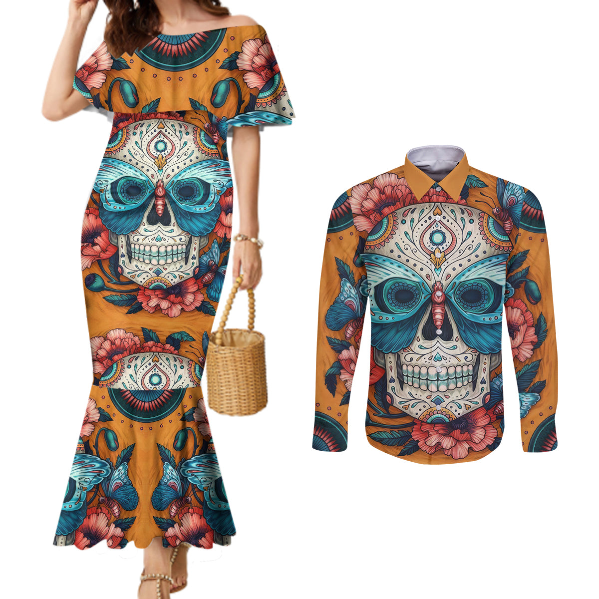 day-of-dead-skull-couples-matching-mermaid-dress-and-long-sleeve-button-shirt-sugar-skull-butterfly