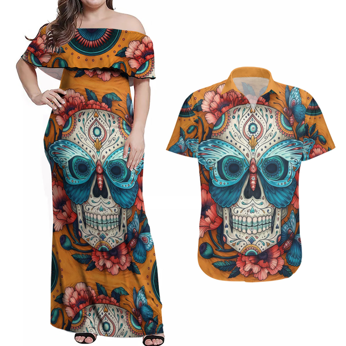 Day of Dead Skull Couples Matching Off Shoulder Maxi Dress and Hawaiian Shirt Sugar Skull Butterfly - Wonder Print Shop