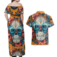 Day of Dead Skull Couples Matching Off Shoulder Maxi Dress and Hawaiian Shirt Sugar Skull Butterfly - Wonder Print Shop
