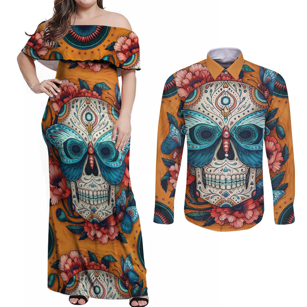 Day of Dead Skull Couples Matching Off Shoulder Maxi Dress and Long Sleeve Button Shirt Sugar Skull Butterfly - Wonder Print Shop