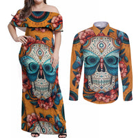 Day of Dead Skull Couples Matching Off Shoulder Maxi Dress and Long Sleeve Button Shirt Sugar Skull Butterfly - Wonder Print Shop