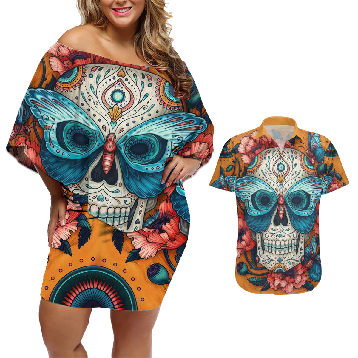 Day of Dead Skull Couples Matching Off Shoulder Short Dress and Hawaiian Shirt Sugar Skull Butterfly - Wonder Print Shop