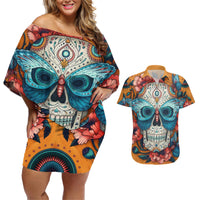 Day of Dead Skull Couples Matching Off Shoulder Short Dress and Hawaiian Shirt Sugar Skull Butterfly - Wonder Print Shop