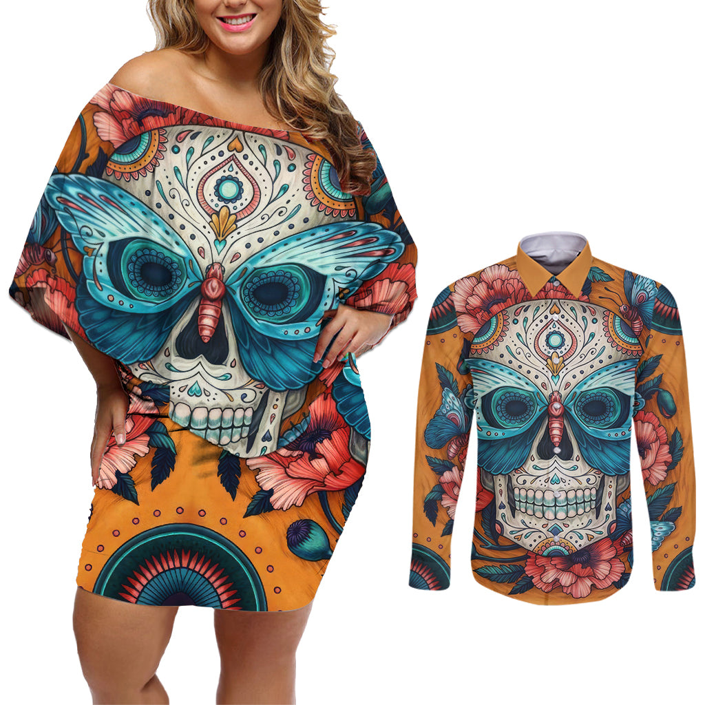 Day of Dead Skull Couples Matching Off Shoulder Short Dress and Long Sleeve Button Shirt Sugar Skull Butterfly - Wonder Print Shop