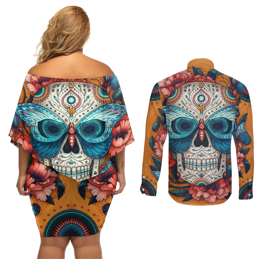 Day of Dead Skull Couples Matching Off Shoulder Short Dress and Long Sleeve Button Shirt Sugar Skull Butterfly - Wonder Print Shop