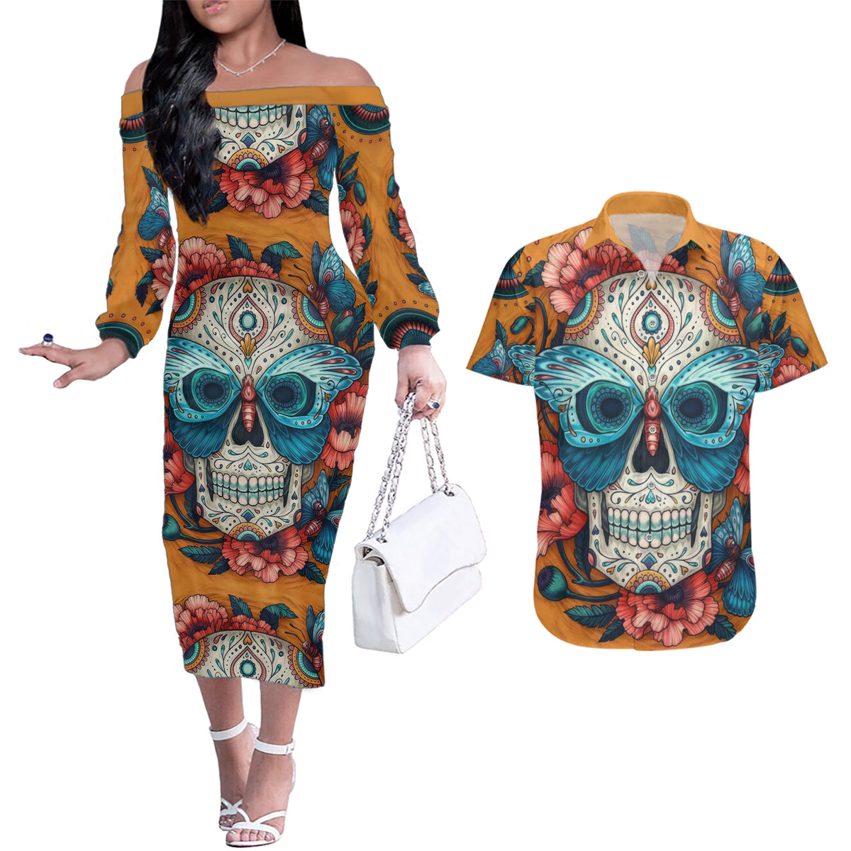 Day of Dead Skull Couples Matching Off The Shoulder Long Sleeve Dress and Hawaiian Shirt Sugar Skull Butterfly - Wonder Print Shop