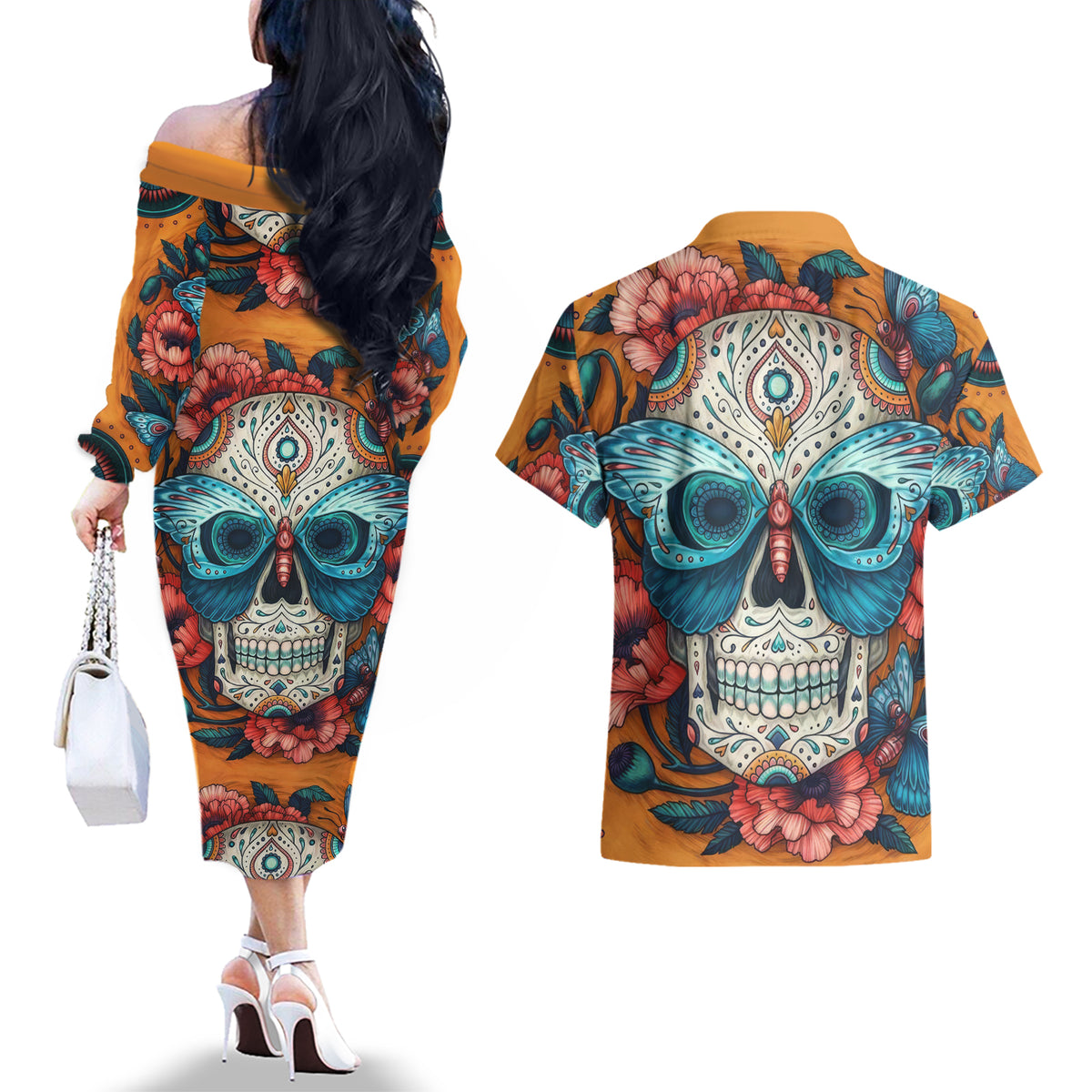 Day of Dead Skull Couples Matching Off The Shoulder Long Sleeve Dress and Hawaiian Shirt Sugar Skull Butterfly - Wonder Print Shop