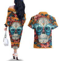 Day of Dead Skull Couples Matching Off The Shoulder Long Sleeve Dress and Hawaiian Shirt Sugar Skull Butterfly - Wonder Print Shop