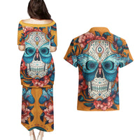 Day of Dead Skull Couples Matching Puletasi Dress and Hawaiian Shirt Sugar Skull Butterfly - Wonder Print Shop