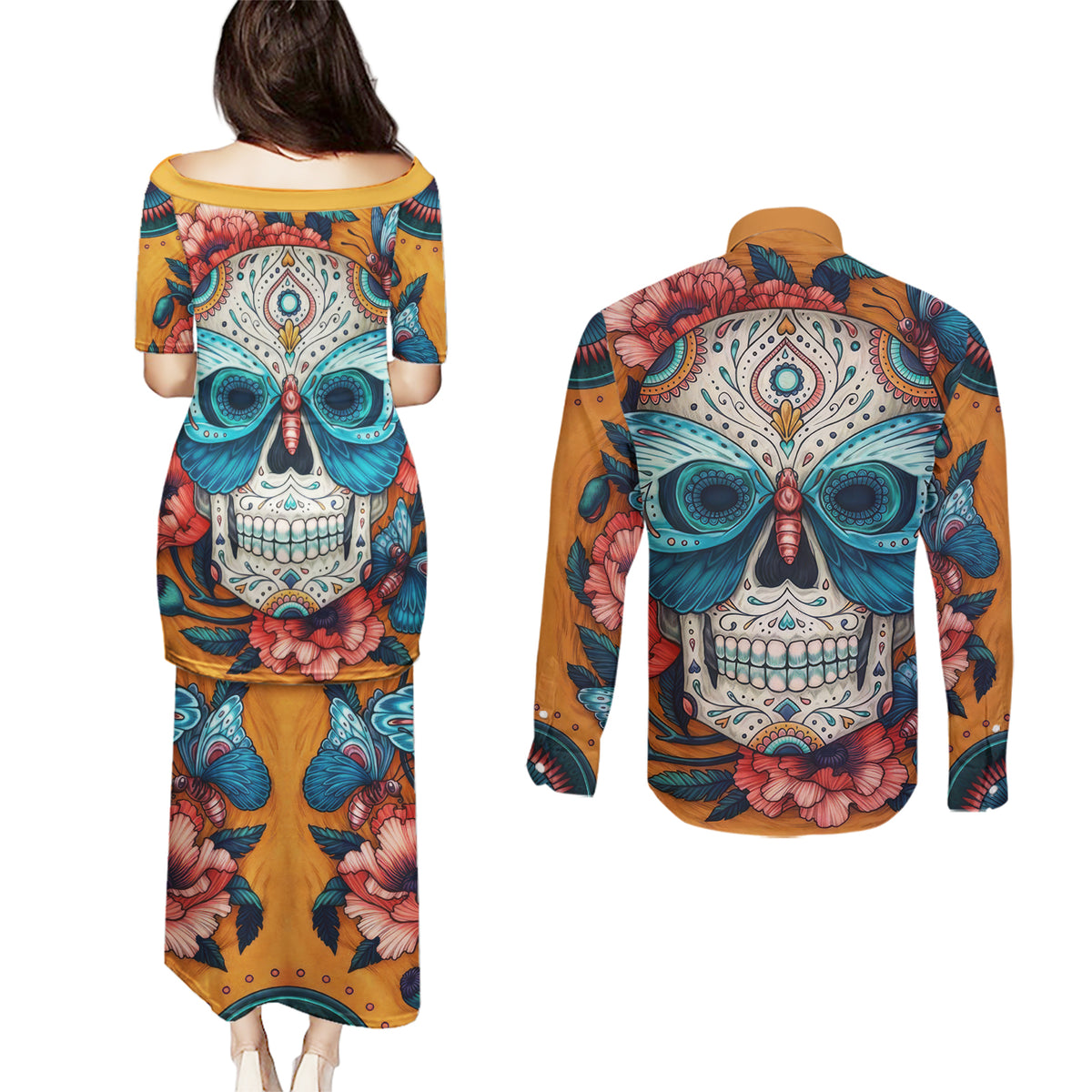 Day of Dead Skull Couples Matching Puletasi Dress and Long Sleeve Button Shirt Sugar Skull Butterfly - Wonder Print Shop