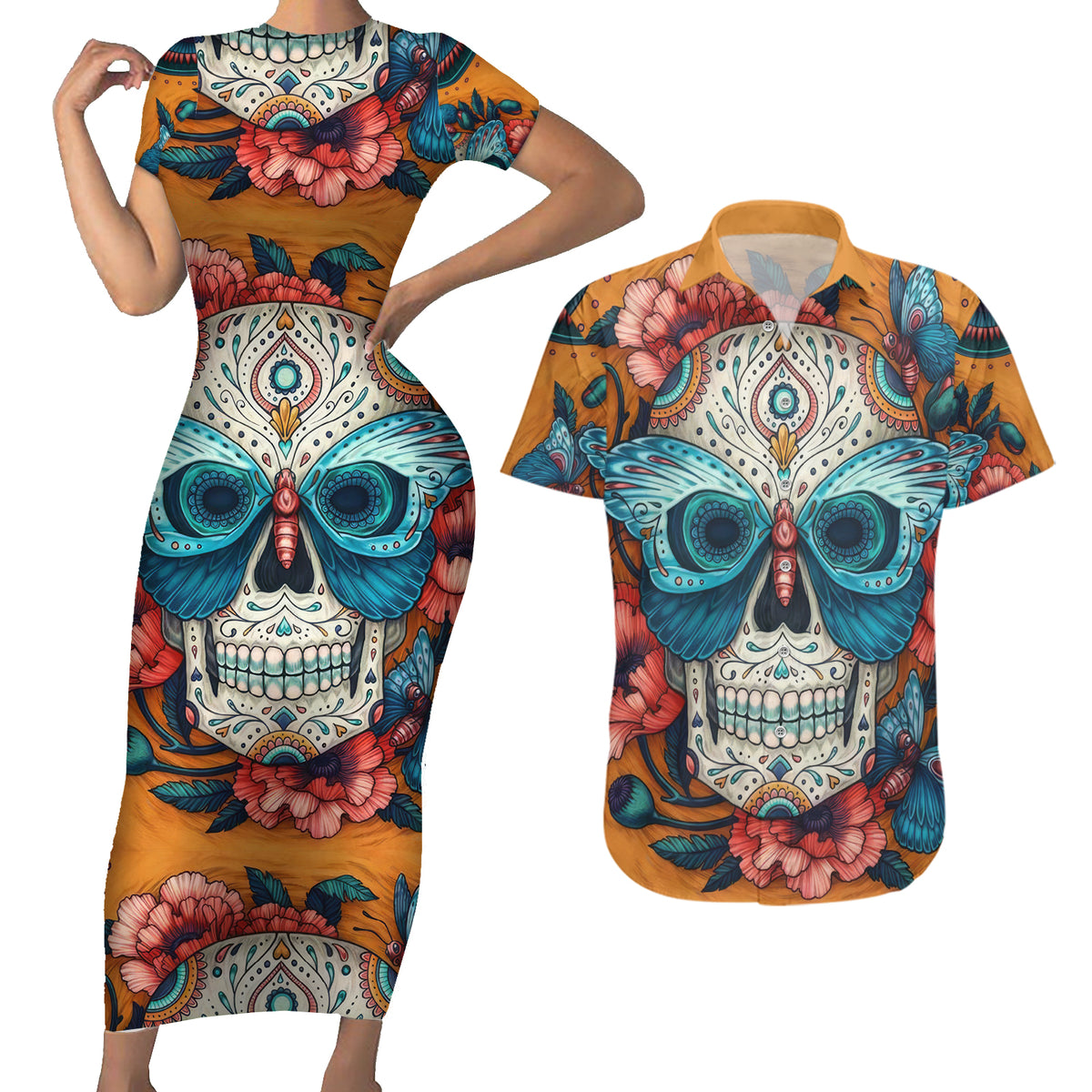 Day of Dead Skull Couples Matching Short Sleeve Bodycon Dress and Hawaiian Shirt Sugar Skull Butterfly - Wonder Print Shop