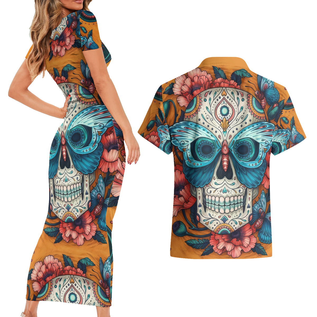 Day of Dead Skull Couples Matching Short Sleeve Bodycon Dress and Hawaiian Shirt Sugar Skull Butterfly - Wonder Print Shop