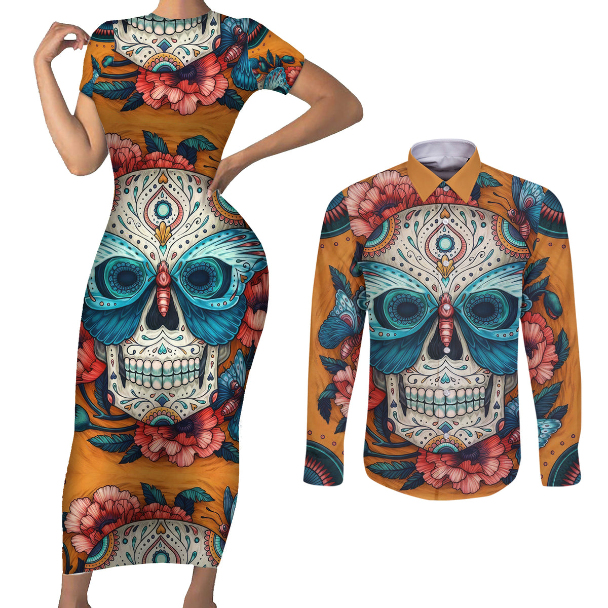 Day of Dead Skull Couples Matching Short Sleeve Bodycon Dress and Long Sleeve Button Shirt Sugar Skull Butterfly - Wonder Print Shop