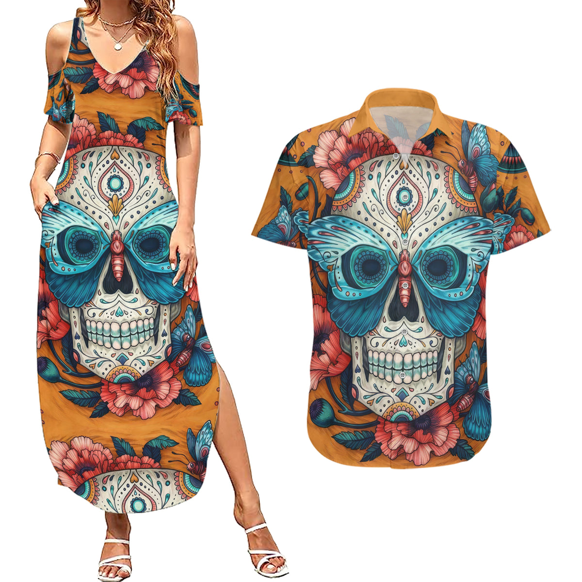 Day of Dead Skull Couples Matching Summer Maxi Dress and Hawaiian Shirt Sugar Skull Butterfly - Wonder Print Shop