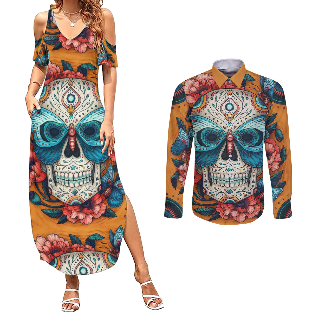Day of Dead Skull Couples Matching Summer Maxi Dress and Long Sleeve Button Shirt Sugar Skull Butterfly - Wonder Print Shop