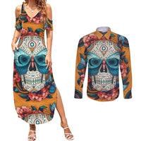 Day of Dead Skull Couples Matching Summer Maxi Dress and Long Sleeve Button Shirt Sugar Skull Butterfly - Wonder Print Shop