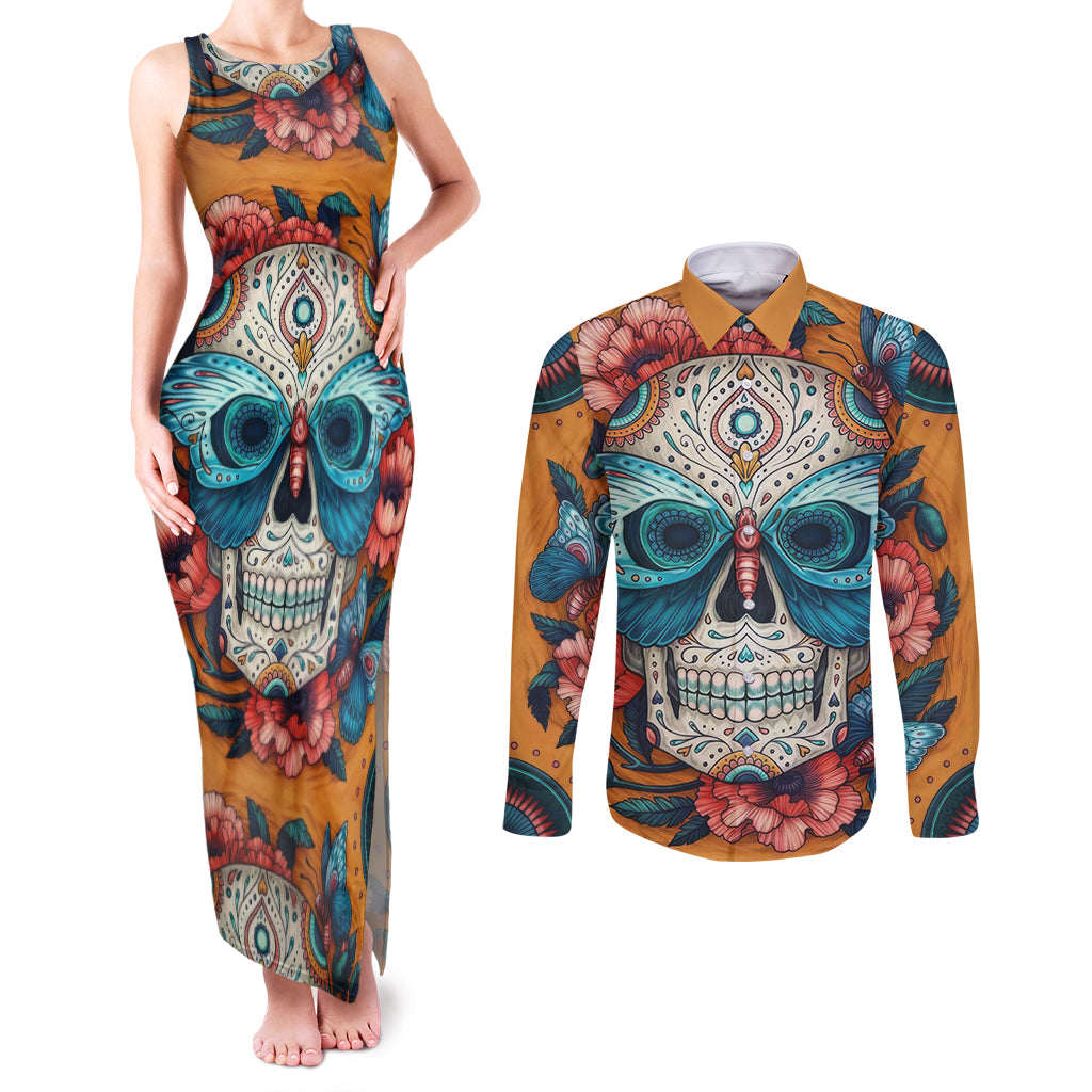 Day of Dead Skull Couples Matching Tank Maxi Dress and Long Sleeve Button Shirt Sugar Skull Butterfly - Wonder Print Shop