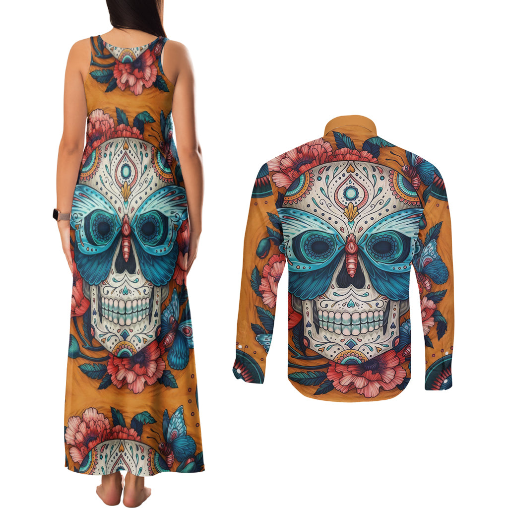 Day of Dead Skull Couples Matching Tank Maxi Dress and Long Sleeve Button Shirt Sugar Skull Butterfly - Wonder Print Shop