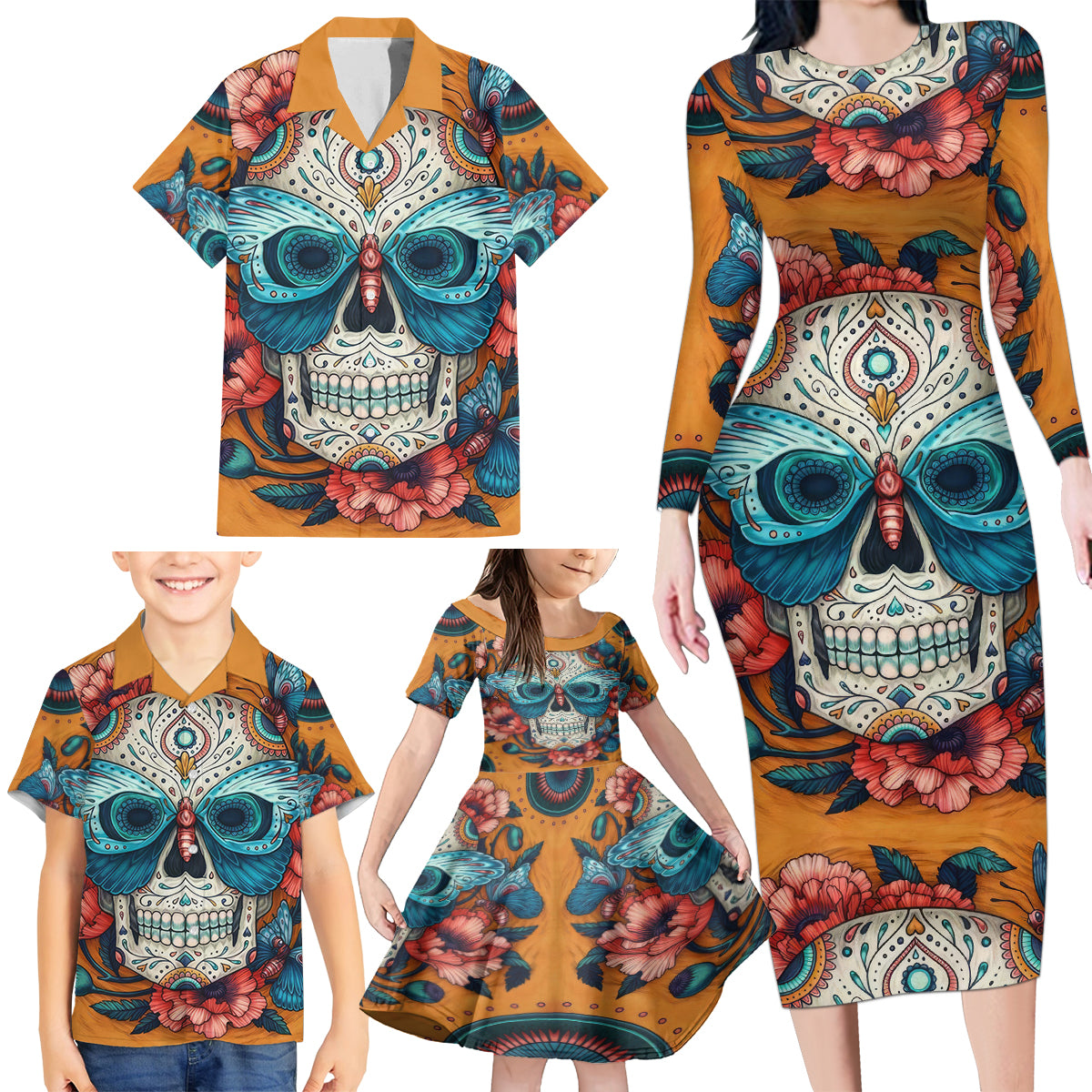 Day of Dead Skull Family Matching Long Sleeve Bodycon Dress and Hawaiian Shirt Sugar Skull Butterfly - Wonder Print Shop