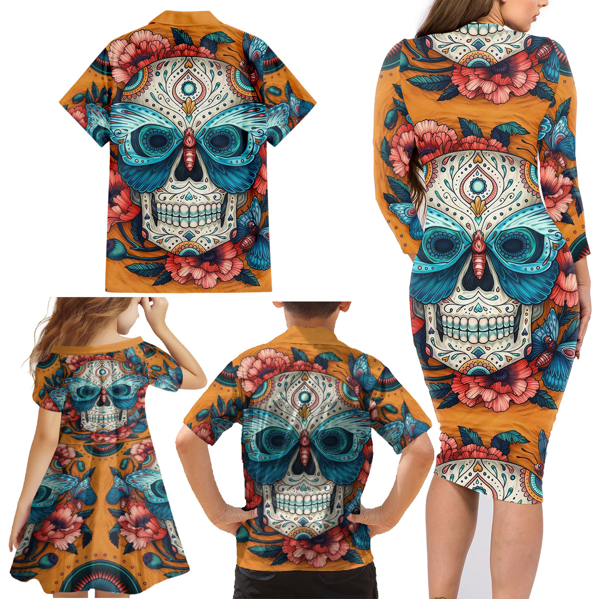 Day of Dead Skull Family Matching Long Sleeve Bodycon Dress and Hawaiian Shirt Sugar Skull Butterfly - Wonder Print Shop