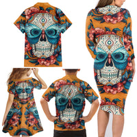 Day of Dead Skull Family Matching Long Sleeve Bodycon Dress and Hawaiian Shirt Sugar Skull Butterfly - Wonder Print Shop