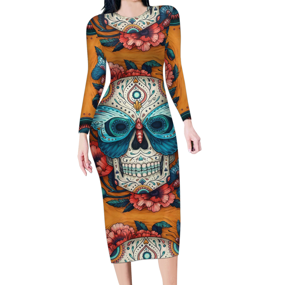 Day of Dead Skull Family Matching Long Sleeve Bodycon Dress and Hawaiian Shirt Sugar Skull Butterfly - Wonder Print Shop