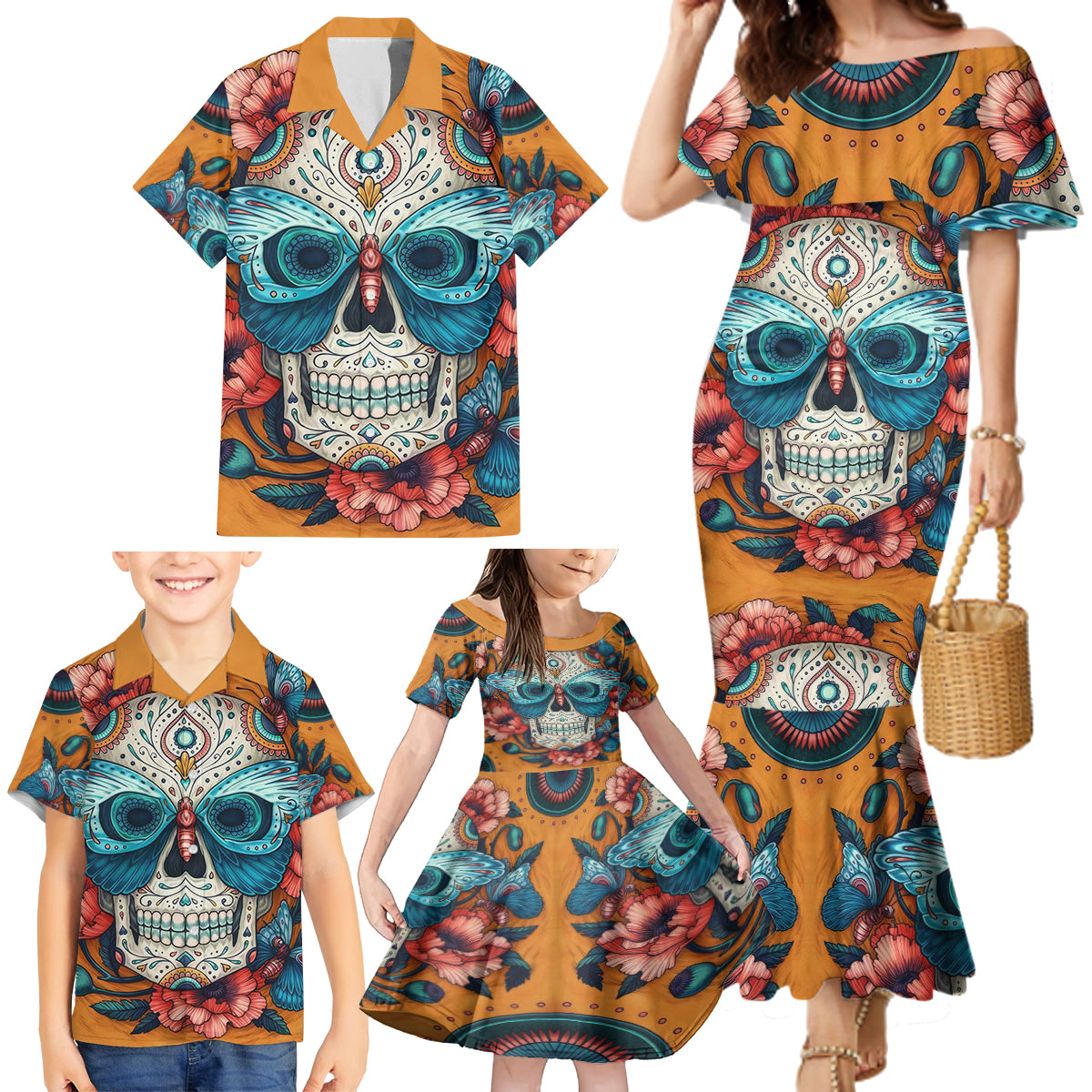 Day of Dead Skull Family Matching Mermaid Dress and Hawaiian Shirt Sugar Skull Butterfly - Wonder Print Shop