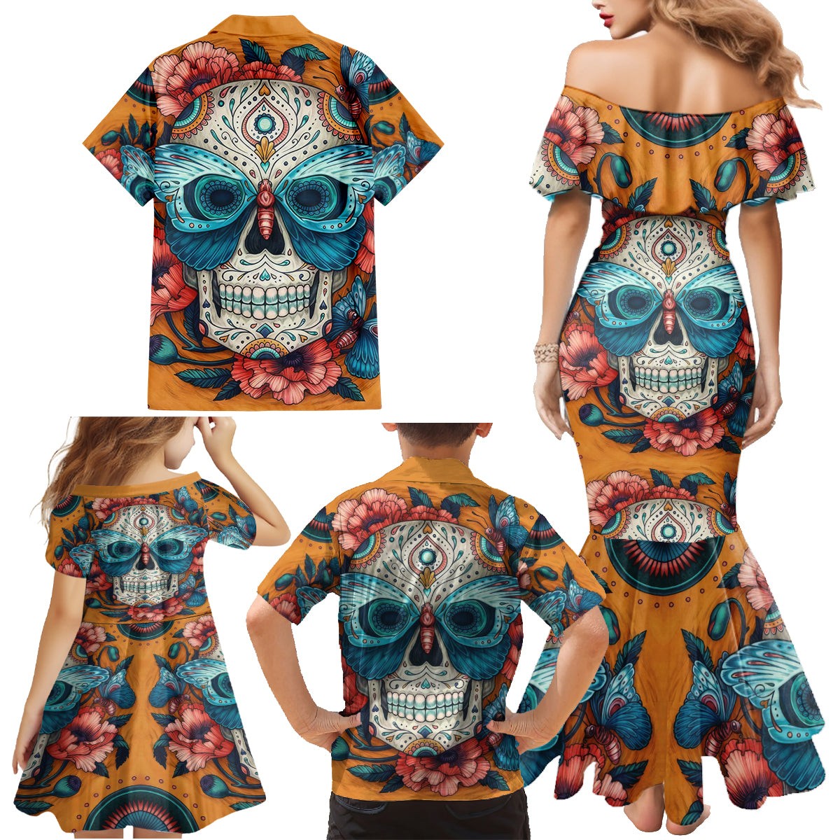 Day of Dead Skull Family Matching Mermaid Dress and Hawaiian Shirt Sugar Skull Butterfly - Wonder Print Shop