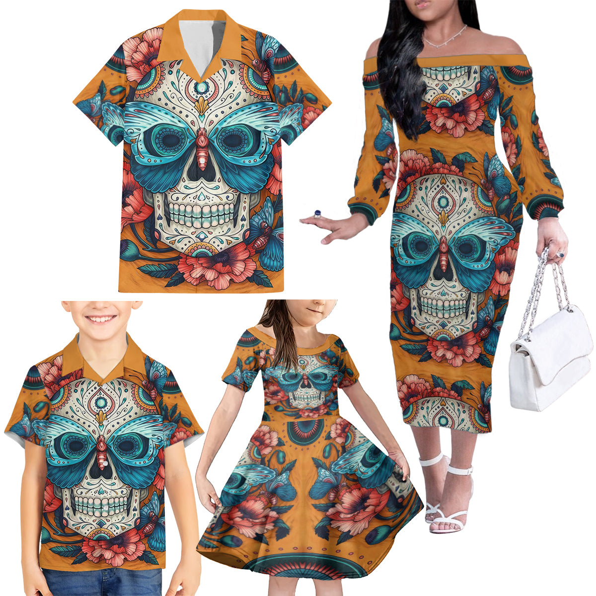 Day of Dead Skull Family Matching Off Shoulder Long Sleeve Dress and Hawaiian Shirt Sugar Skull Butterfly - Wonder Print Shop