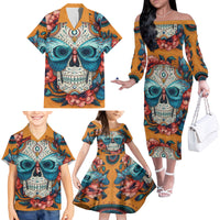 Day of Dead Skull Family Matching Off Shoulder Long Sleeve Dress and Hawaiian Shirt Sugar Skull Butterfly - Wonder Print Shop