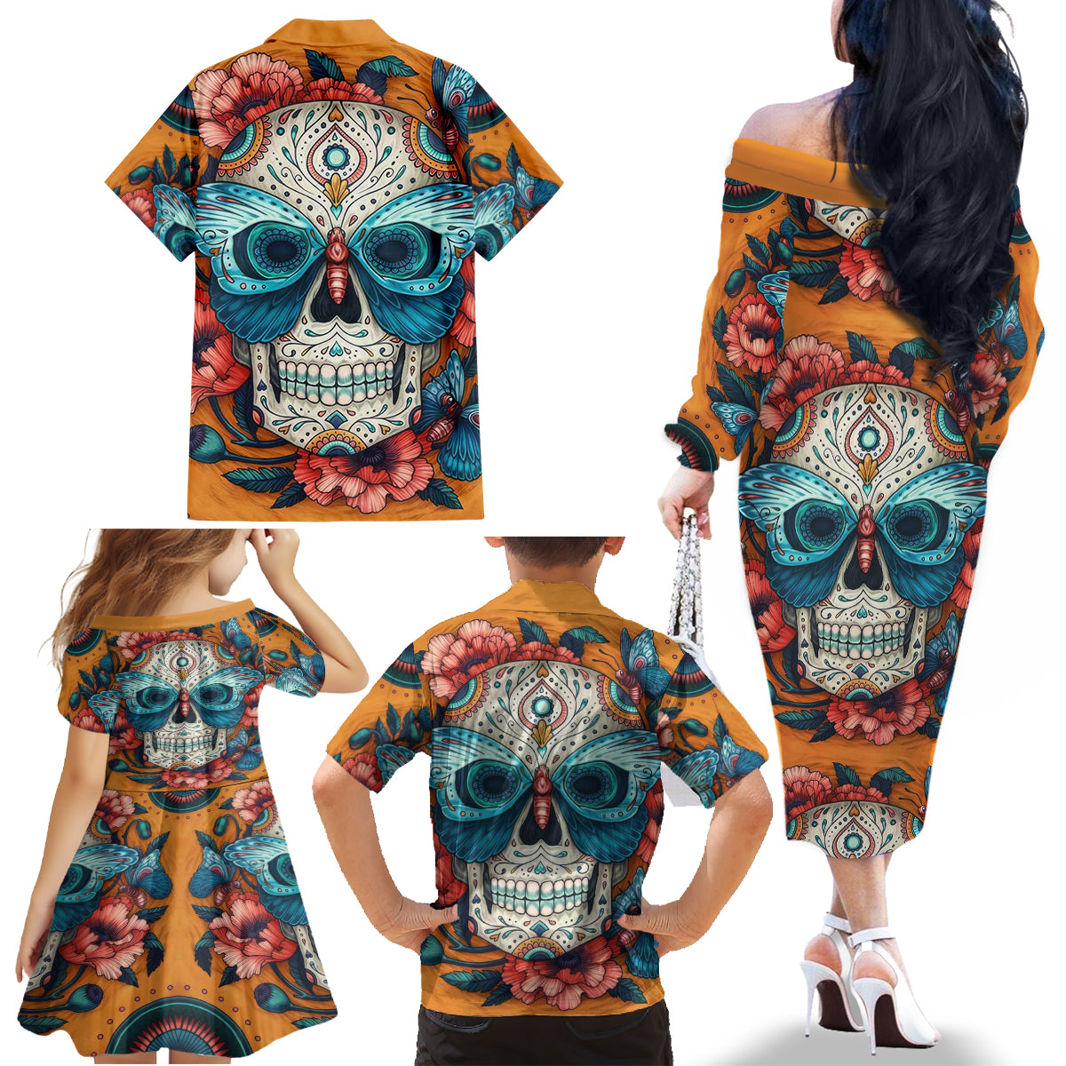Day of Dead Skull Family Matching Off Shoulder Long Sleeve Dress and Hawaiian Shirt Sugar Skull Butterfly - Wonder Print Shop