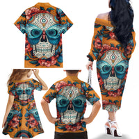 Day of Dead Skull Family Matching Off Shoulder Long Sleeve Dress and Hawaiian Shirt Sugar Skull Butterfly - Wonder Print Shop