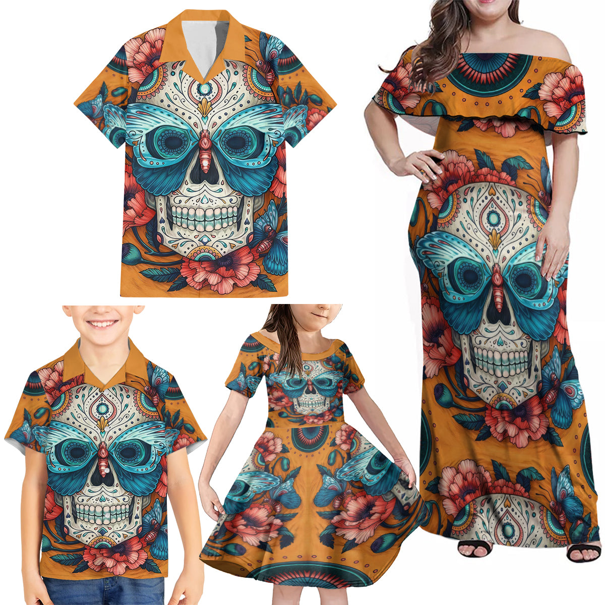 Day of Dead Skull Family Matching Off Shoulder Maxi Dress and Hawaiian Shirt Sugar Skull Butterfly - Wonder Print Shop