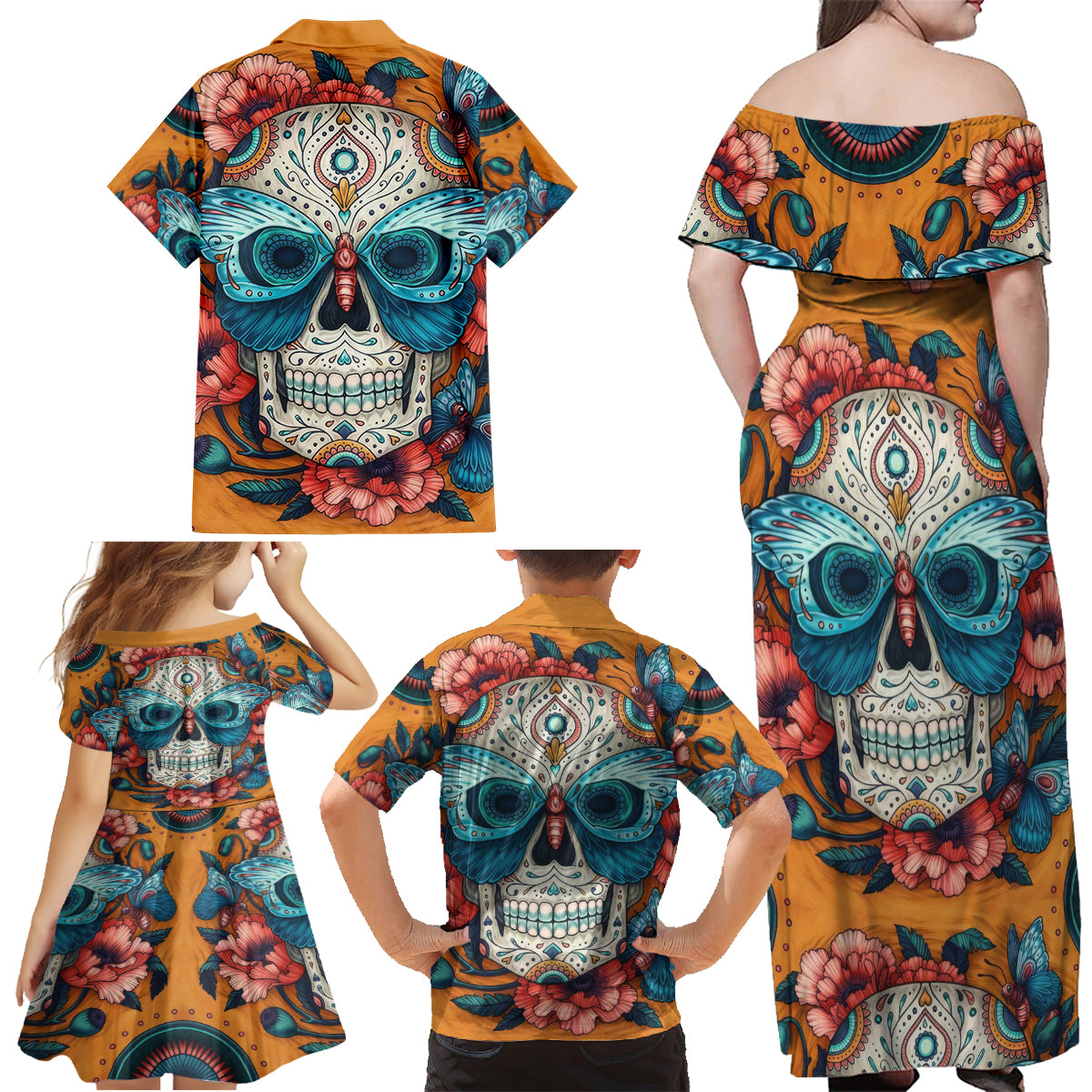 Day of Dead Skull Family Matching Off Shoulder Maxi Dress and Hawaiian Shirt Sugar Skull Butterfly - Wonder Print Shop