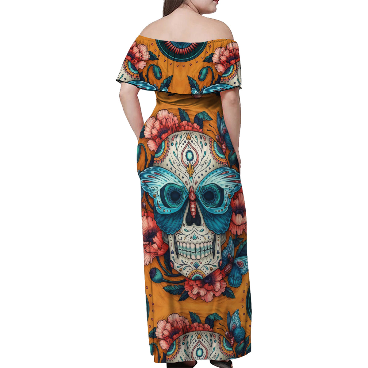 Day of Dead Skull Family Matching Off Shoulder Maxi Dress and Hawaiian Shirt Sugar Skull Butterfly - Wonder Print Shop