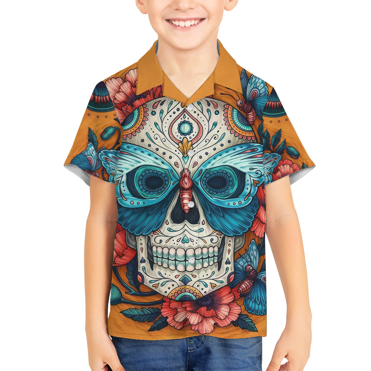 Day of Dead Skull Family Matching Off Shoulder Maxi Dress and Hawaiian Shirt Sugar Skull Butterfly - Wonder Print Shop