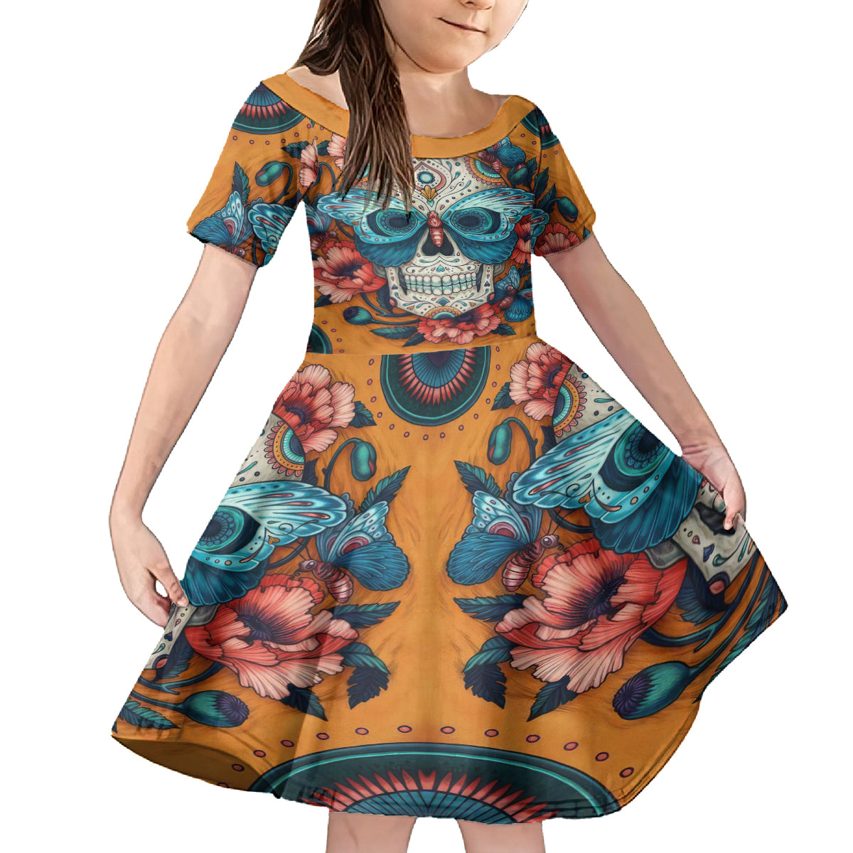 Day of Dead Skull Family Matching Off Shoulder Short Dress and Hawaiian Shirt Sugar Skull Butterfly - Wonder Print Shop